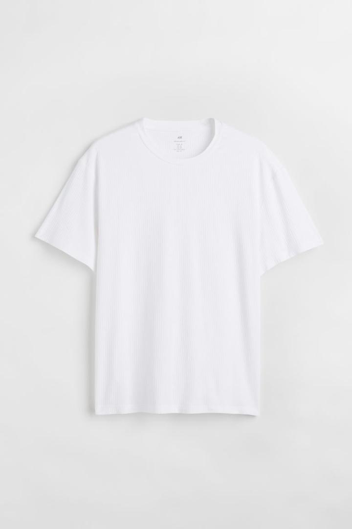 H & M - Regular Fit Ribbed Cotton T-shirt - White
