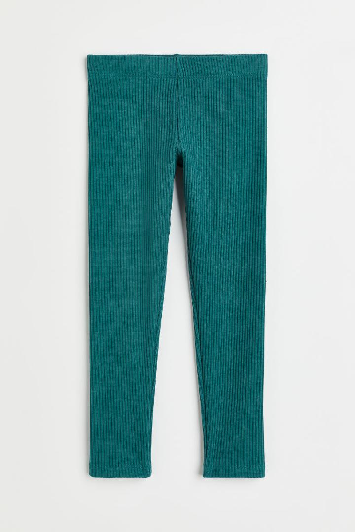 H & M - Ribbed Cotton Leggings - Turquoise