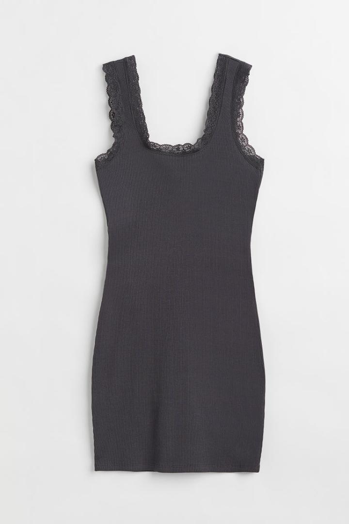 H & M - Lace-trimmed Ribbed Dress - Gray