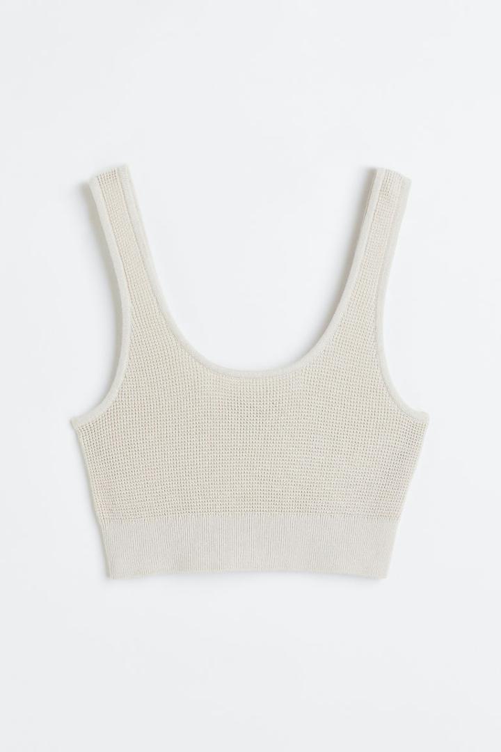 H & M - Waffle-knit Crop Top - Beige