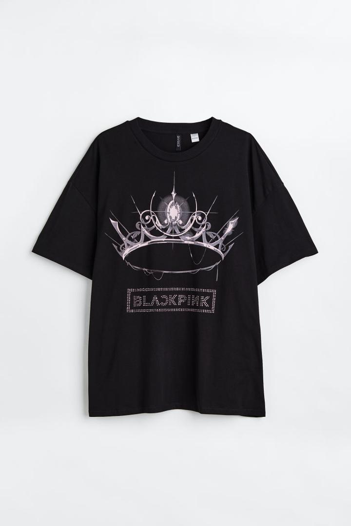 H & M - H & M+ Oversized Rhinestone-motif T-shirt - Black