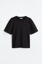 H & M - Eyelet Embroidery T-shirt - Black