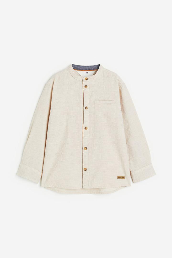 H & M - Band-collar Shirt - Beige
