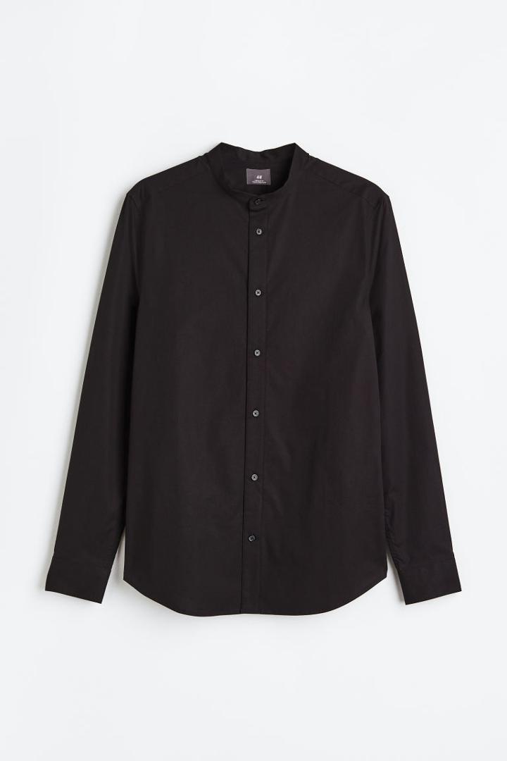 H & M - Muscle Fit Band-collar Shirt - Black