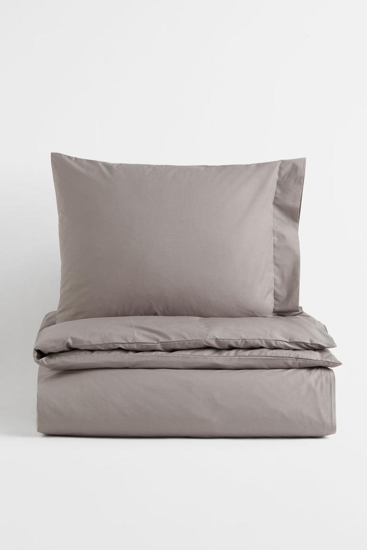 H & M - Cotton Percale Twin Duvet Cover Set - Brown