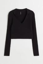 H & M - Collared Rib-knit Top - Black