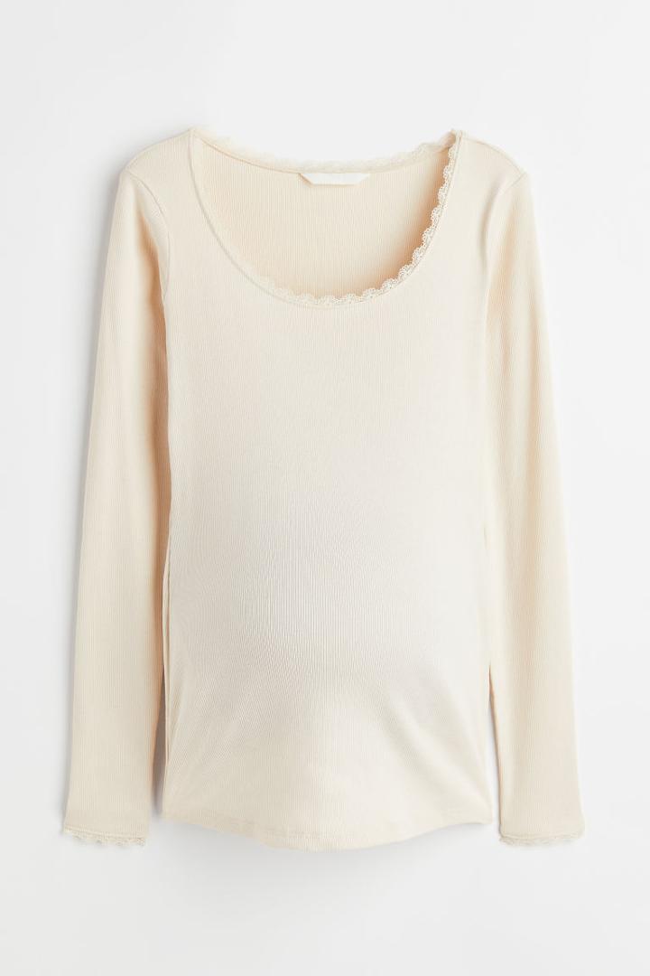 H & M - Mama Ribbed Lace-trimmed Top - Beige