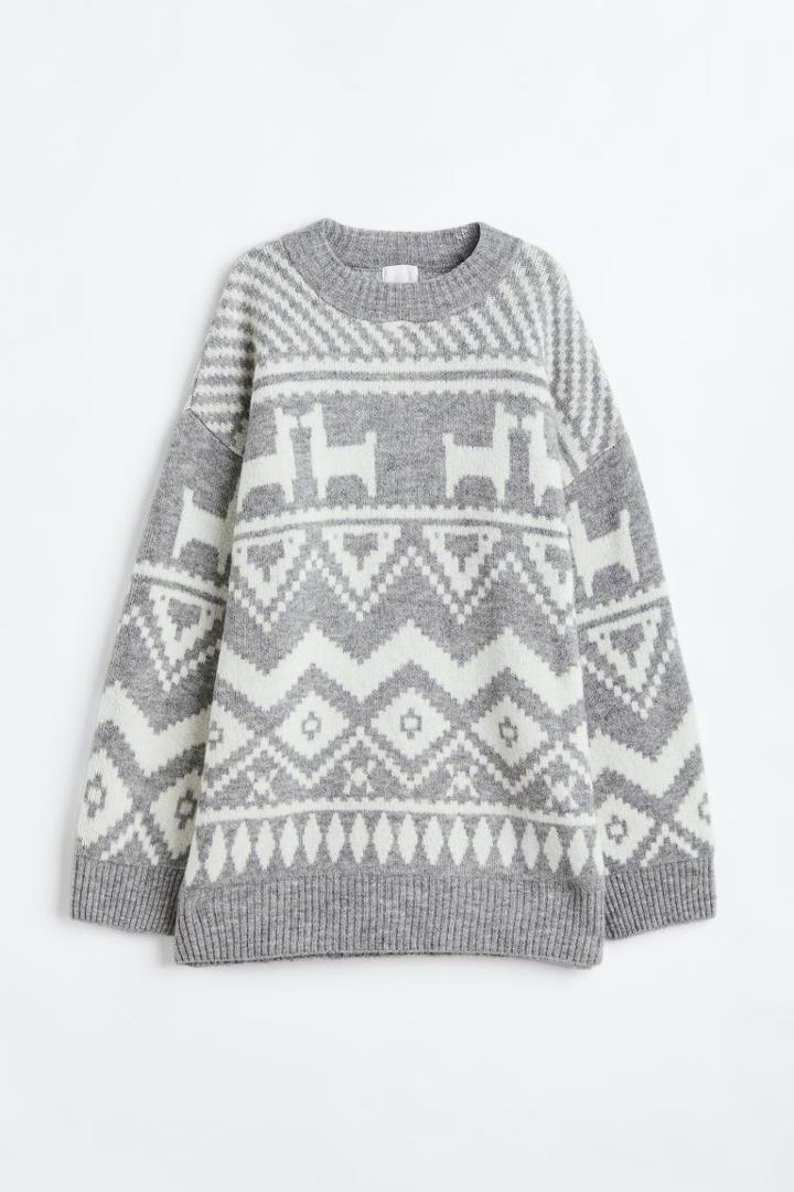H & M - Long Jacquard-knit Sweater - Gray