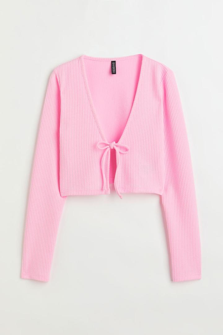H & M - Ribbed Tie Detail Cardigan - Pink