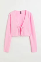 H & M - Ribbed Tie Detail Cardigan - Pink