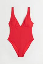 H & M - High Leg Ribbed Swimsuit - Red