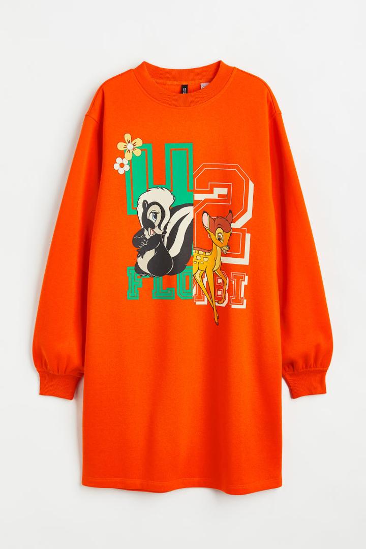 H & M - Oversized Printed Sweatshirt Dress - Orange