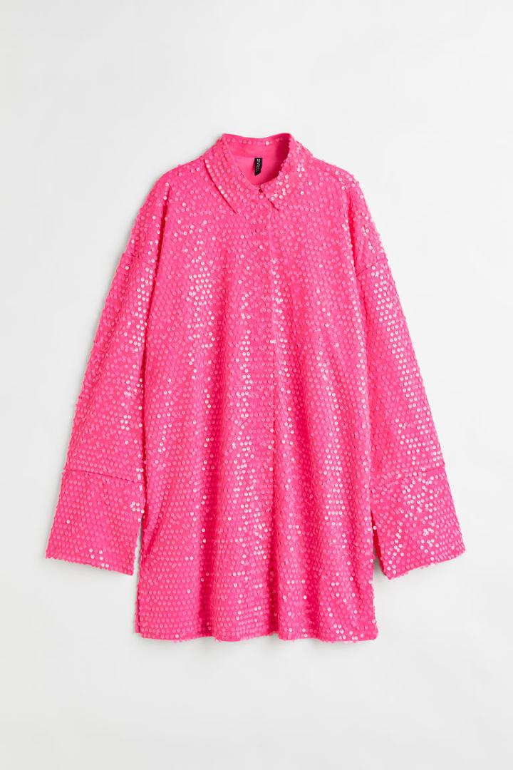 H & M - Sequined Shirt Dress - Pink