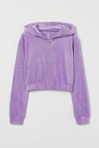 H & M - Hooded Velour Crop Jacket - Purple