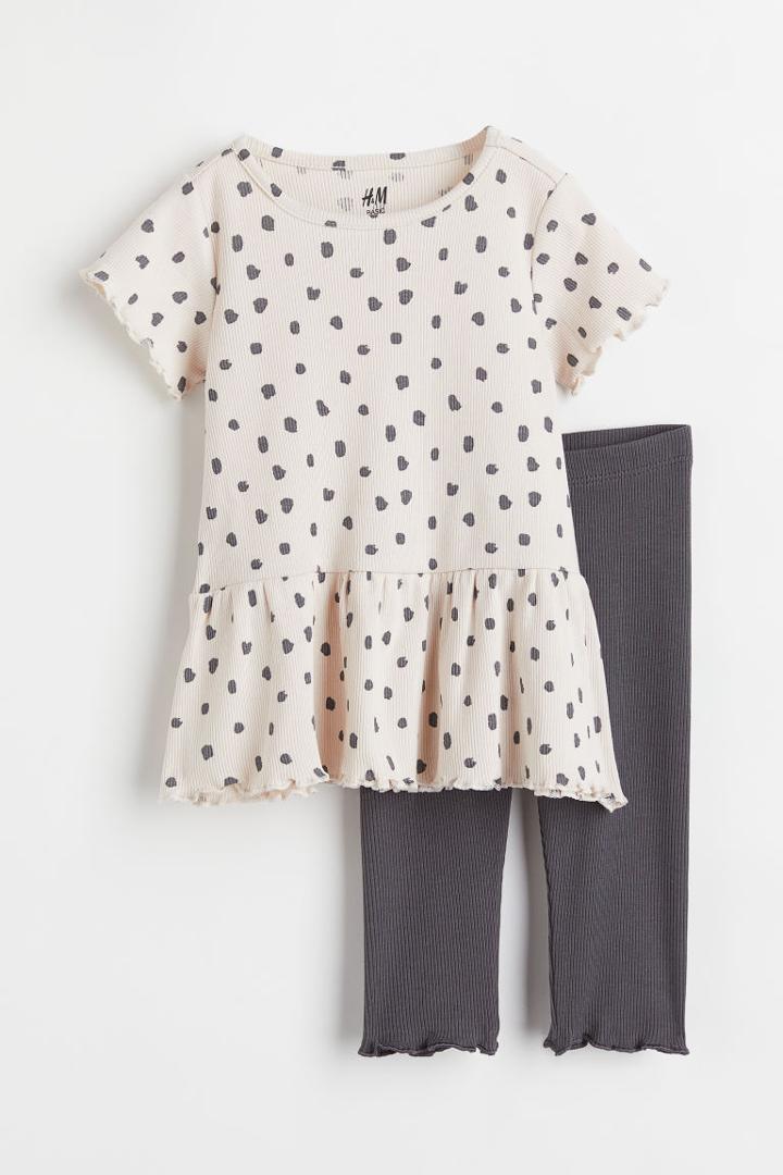 H & M - 2-piece Ribbed Cotton Jersey Set - Beige