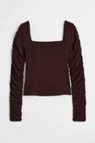 H & M - Gathered-sleeve Jersey Top - Red
