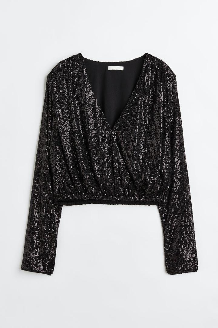 H & M - Sequined Wrapover Blouse - Black