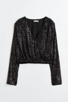 H & M - Sequined Wrapover Blouse - Black