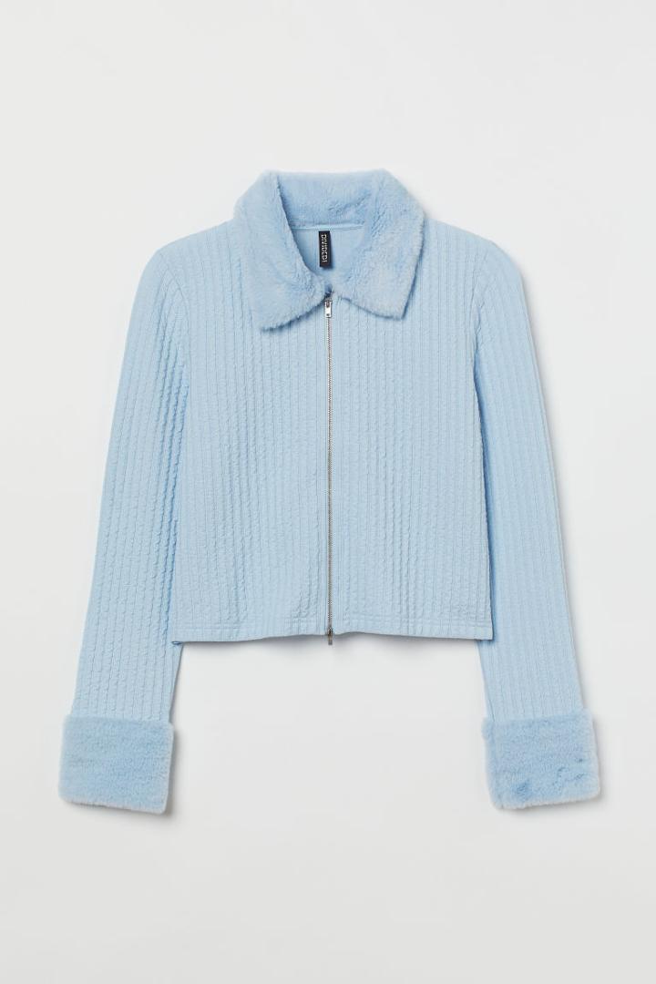 H & M - H & M+ Faux Fur-collar Cardigan - Blue