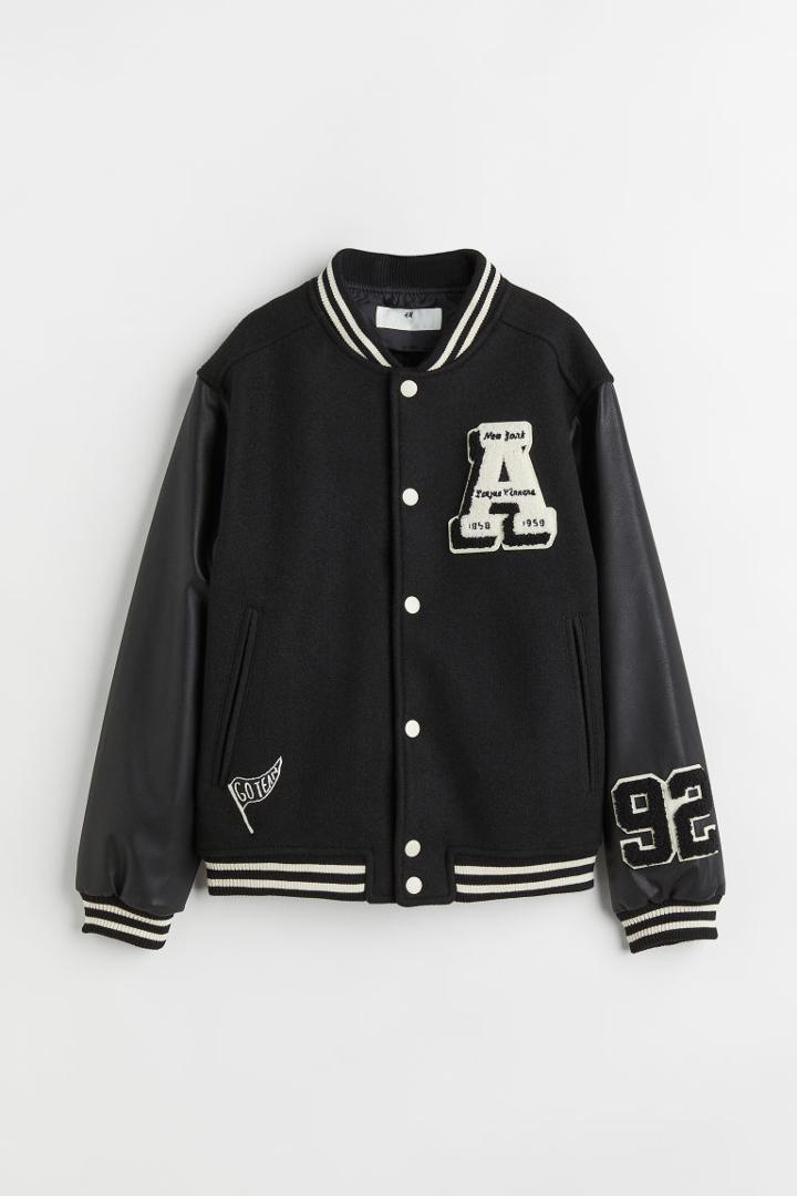 H & M - Appliqud Baseball Jacket - Black