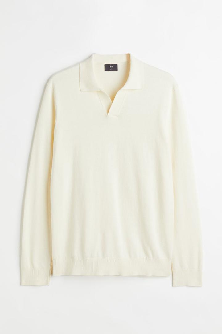 H & M - Slim Fit Fine-knit Cotton Polo Shirt - White