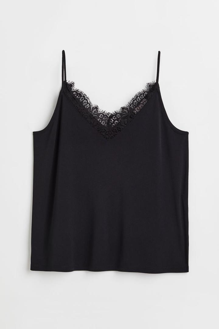 H & M - Lace-trimmed Camisole Top - Black