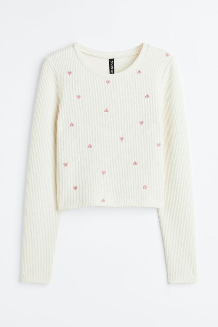 H & M - Embroidered Ribbed Top - White