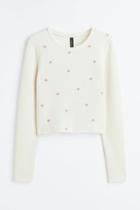 H & M - Embroidered Ribbed Top - White
