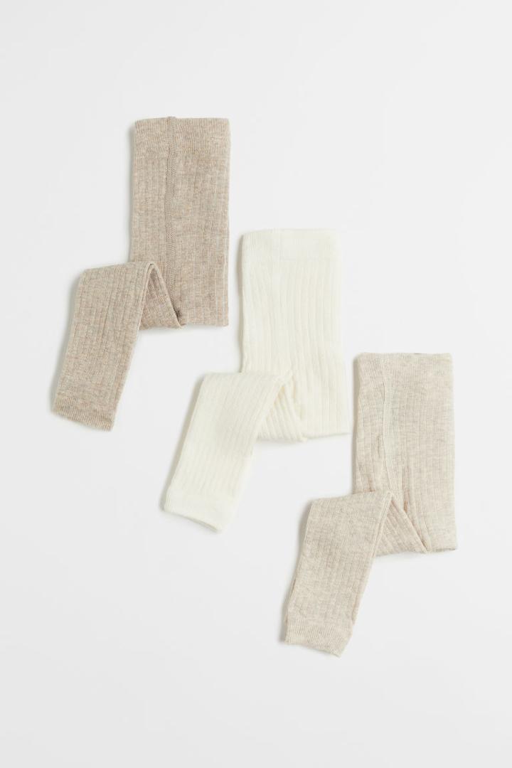 H & M - 3-pack Ribbed Leggings - White