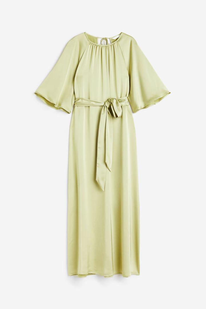 H & M - Tie-belt Satin Dress - Green
