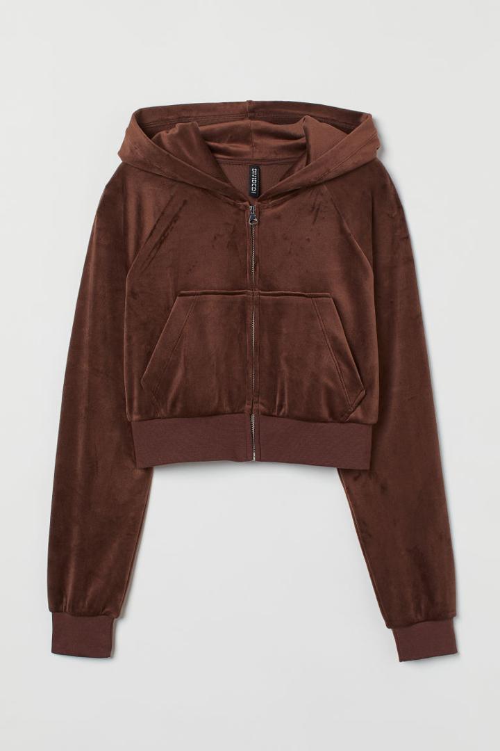 H & M - Velour Crop Hoodie - Brown