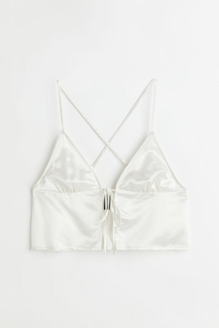 H & M - Tie-detail Satin Top - White