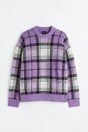 H & M - Oversized Fit Jacquard-knit Sweater - Purple