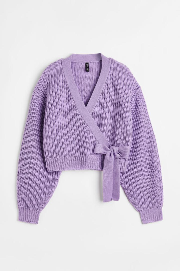 H & M - Knit Wrap-front Cardigan - Purple