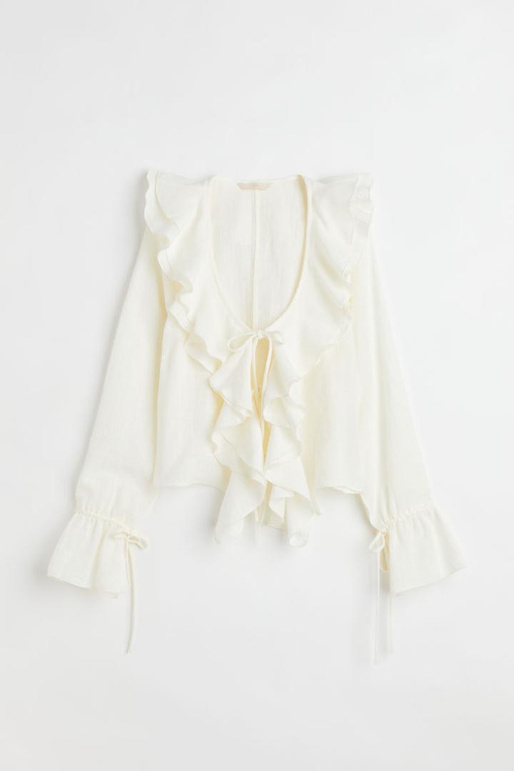 H & M - Cotton-blend Flounced Blouse - White