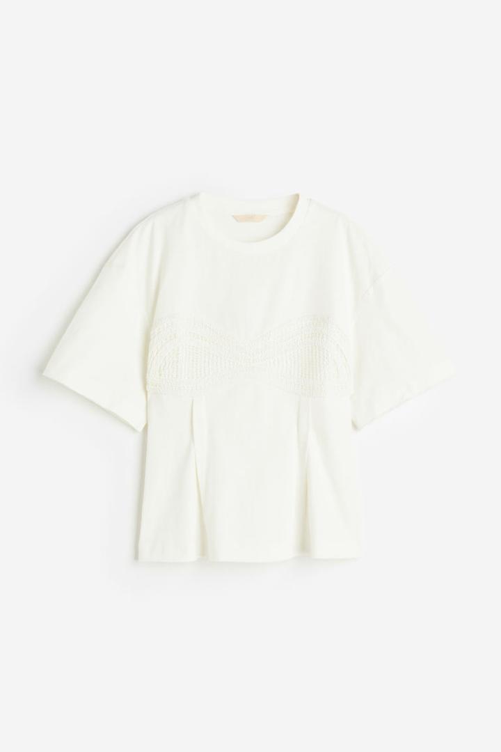 H & M - Crochet-detail T-shirt - White