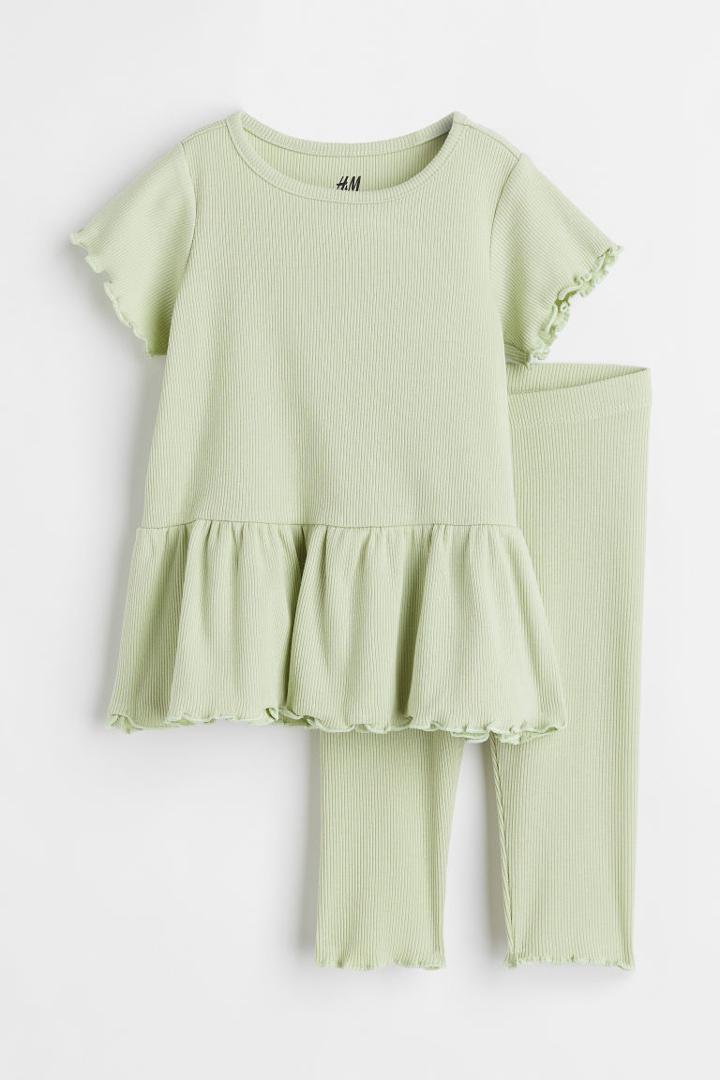 H & M - 2-piece Ribbed Cotton Jersey Set - Green