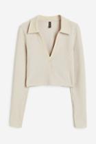 H & M - Ribbed Top With Collar - Beige