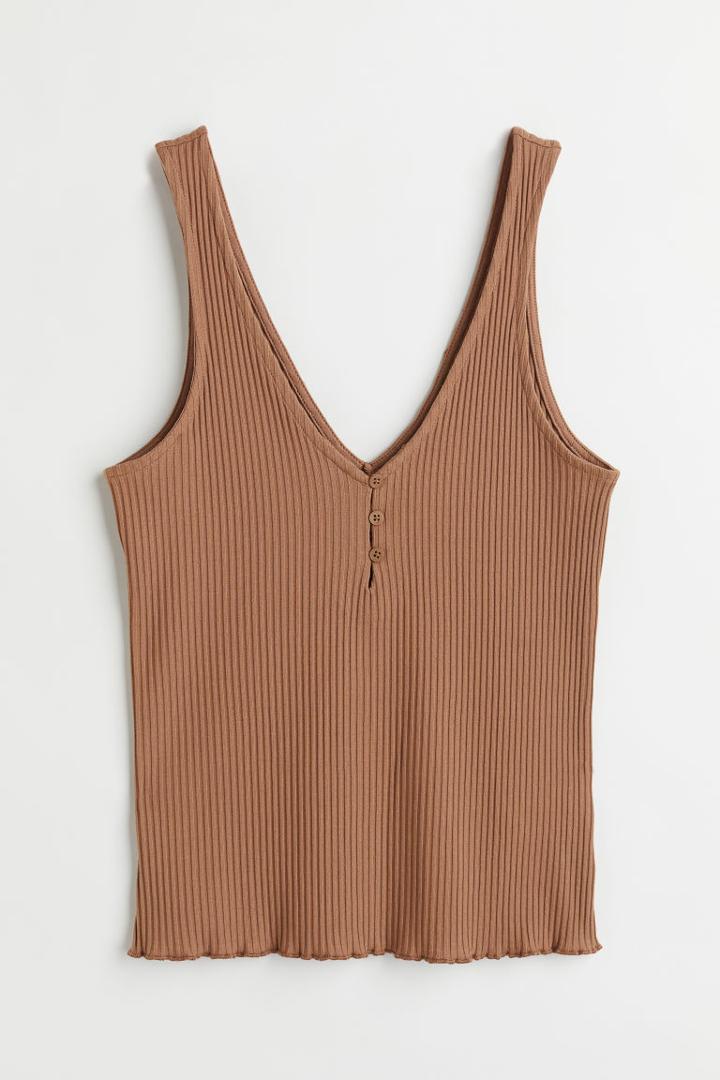 H & M - Ribbed Button-front Tank Top - Beige