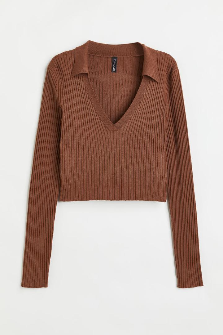 H & M - Collared Rib-knit Top - Beige