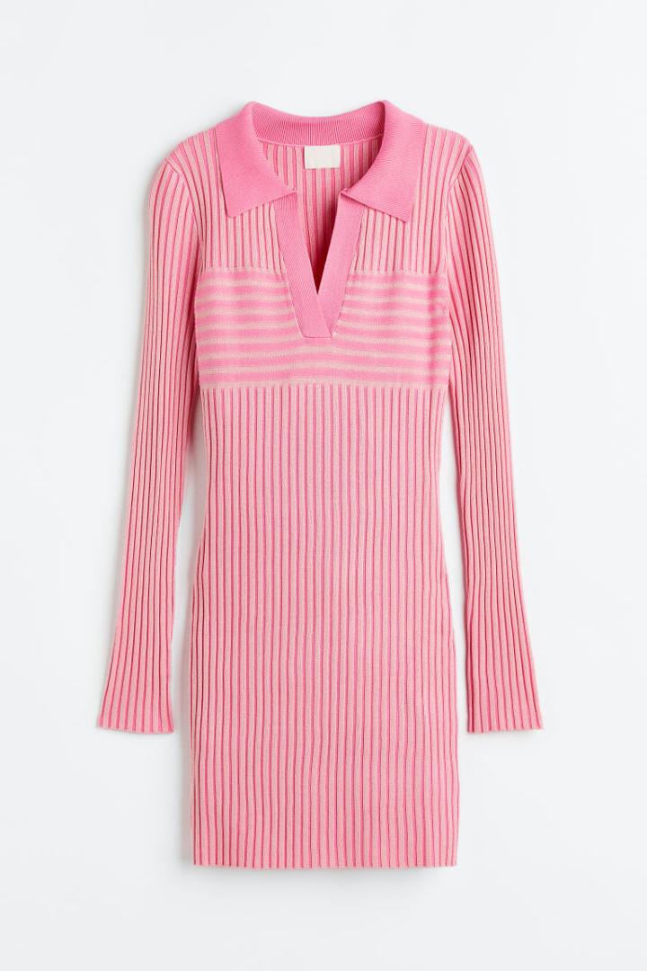 H & M - Rib-knit Dress With Collar - Pink