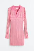 H & M - Rib-knit Dress With Collar - Pink