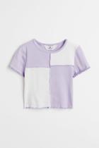 H & M - Ribbed Cotton Jersey Crop T-shirt - Purple