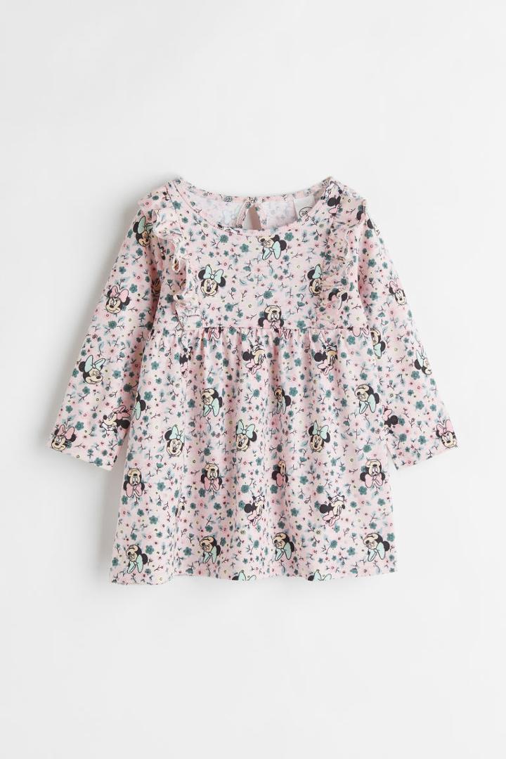 H & M - Patterned Dress With Ruffles - Pink