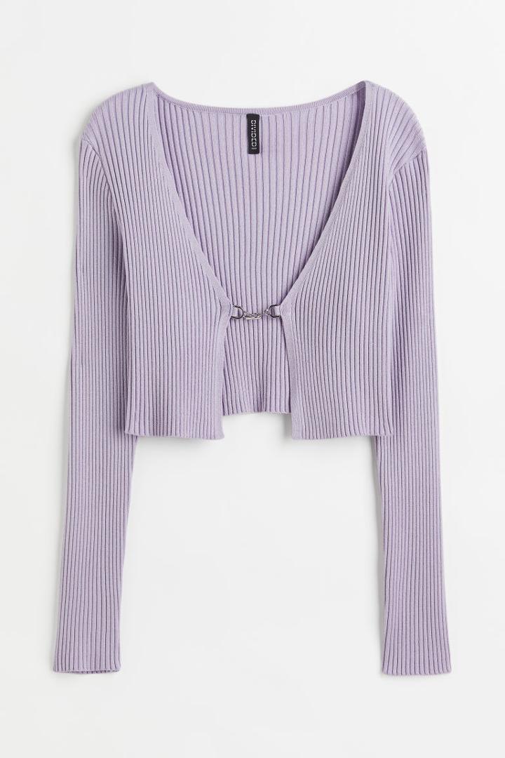 H & M - Rib-knit Crop Cardigan - Purple