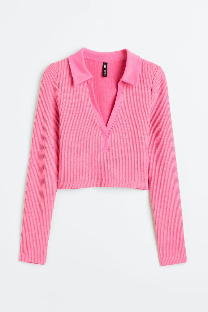H & M - Ribbed Top With Collar - Pink