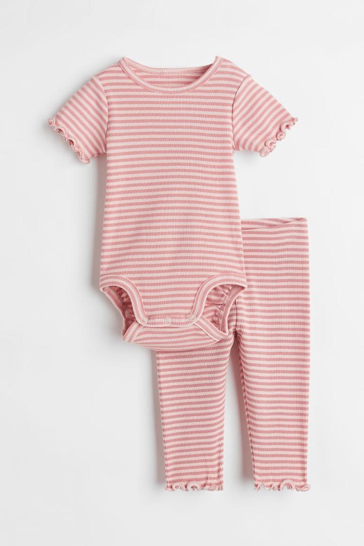 H & M - 2-piece Rib-knit Set - Pink