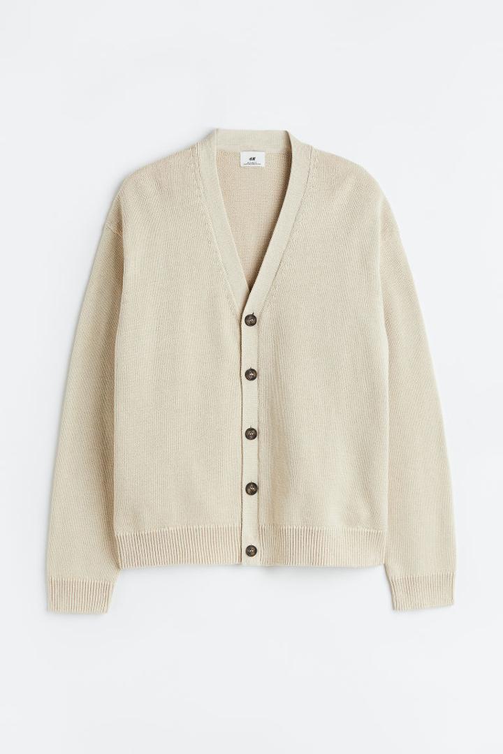 H & M - Relaxed Fit Fine-knit Cardigan - Beige