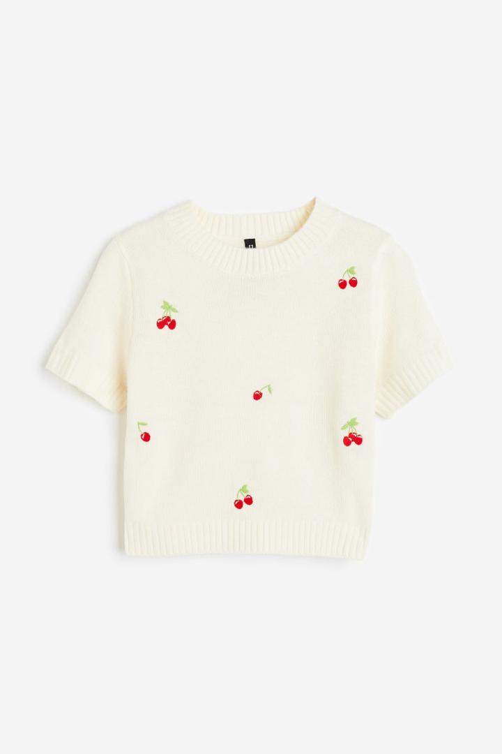 H & M - Embroidered Knit Top - White