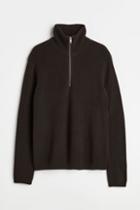 H & M - Relaxed Fit Rib-knit Half-zip Sweater - Brown